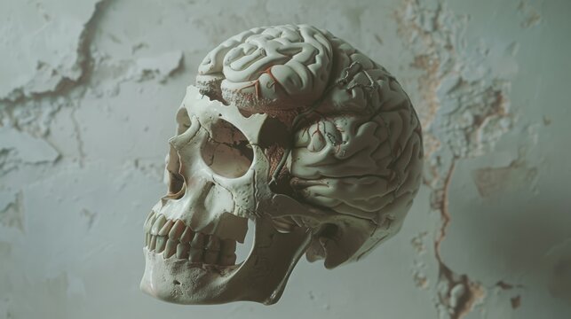 A sculpture-like skull reveals a detailed brain, set against a cracked wall, symbolizing knowledge and the fragility of human existence in stark contrast.