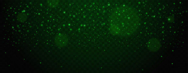 Dark green glowing particles on transparent background. Abstract glittering dust and sparkling lights, bokeh effects
