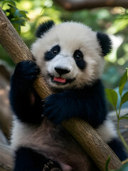 Obraz premium Cute baby panda holding a branch 