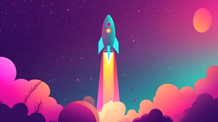 A pink rocket rises from colorful clouds, in a simple, flat illustration style with clean lines and vector graphics.