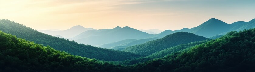 Naklejka premium Serene Mountain Landscape with Rolling Green Hills and Layered Peaks at Sunrise