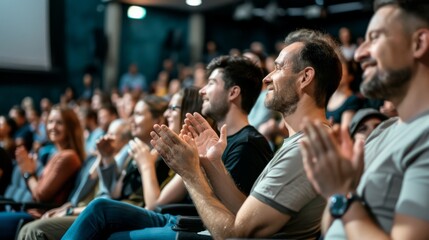 Engaged audience clapping at a live performance in a dimly lit theater, showcasing a shared moment of enthusiasm and appreciation.