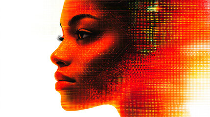 A side perspective of a woman infused with digital red patterns, symbolizing the interplay of human emotion and digital landscapes.