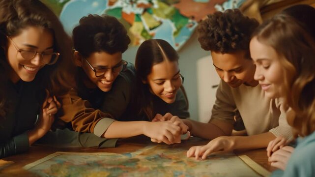Diverse Group of Smiling Teens Studying a World Map Together, Connecting with peers from around the world for cultural exchange and project collaboration