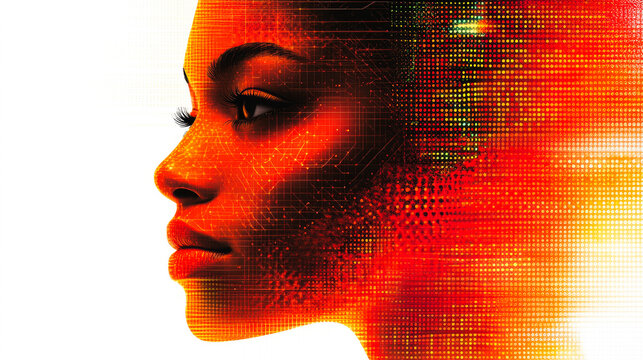 A side perspective of a woman infused with digital red patterns, symbolizing the interplay of human emotion and digital landscapes.