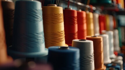 A vibrant row of colorful sewing thread spools showcases an array of hues, neatly aligned on a shelf in an artisan's workshop.