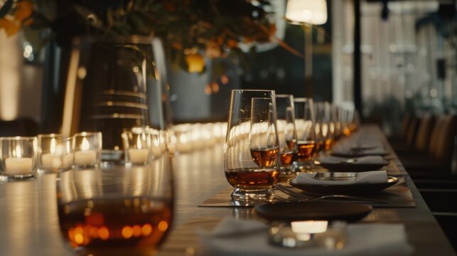 A long table elegantly set with glasses and candles creates an inviting scene perfect for intimate gatherings or celebrations.