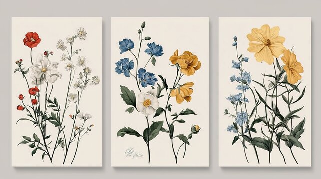 Elegant Set of Floral Invitation Save the Date Cards Featuring Detailed Various Flowers, Ideal for Luxury Vintage Botanical Themed Events and Brochure Design