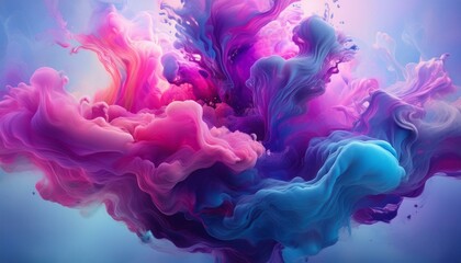 Fototapeta premium Acrylic ink cloud in water, abstract smoke with purple, blue, and pink tones on a white background.