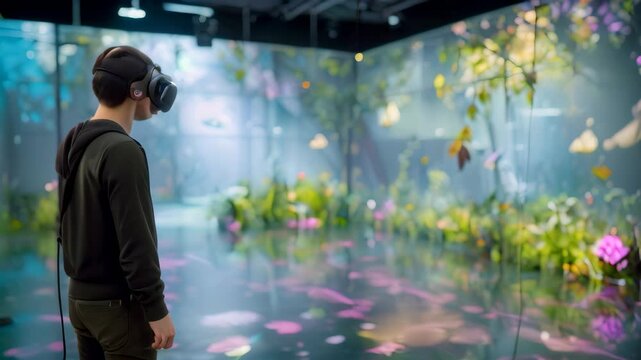 A VR user explores a virtual natural landscape, showcasing immersive tech in education, Constructing virtual worlds for immersive learning experiences
