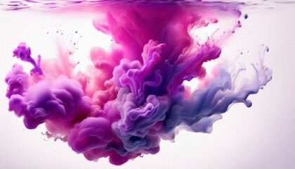 Fototapeta premium Acrylic ink cloud in water, abstract smoke with purple, blue, and pink tones on a white background.