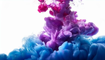Obraz premium Acrylic ink cloud in water, abstract smoke with purple, blue, and pink tones on a white background.