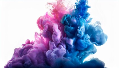 Fototapeta premium Acrylic ink cloud in water, abstract smoke with purple, blue, and pink tones on a white background.