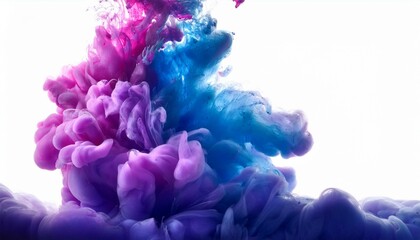 Fototapeta premium Acrylic ink cloud in water, abstract smoke with purple, blue, and pink tones on a white background.