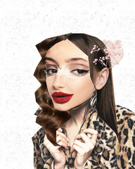 Woman in leopard print coat with glamorous curls, with red lips and geometric facial features...