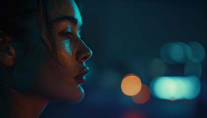 Atmospheric Portrait Photograph of a Woman in a Neon-Lit Urban Night Scene, Capturing Deep Reflection and Mood