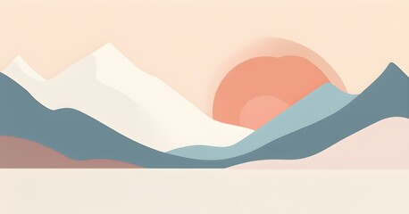 minimalist landscape with stylized mountains and a setting sun represented by simple geometric shapes in muted pastel tones