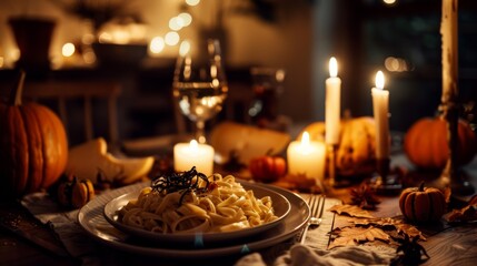 Naklejka premium A meticulously arranged table glows with candles and pumpkins, lending an intimate and festive flair to a delicious autumn dinner setting.