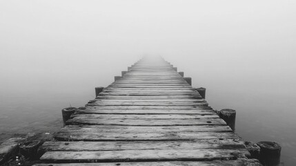 Fototapeta premium A Wooden Pier Vanishing into Fog