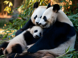 Fototapeta premium giant panda bear panda couple with baby panda panda mom dad mother father 