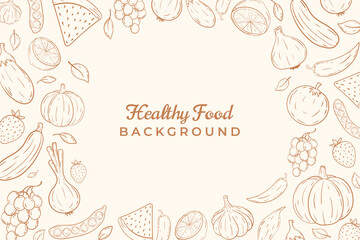 Obraz premium Vegetables line art background. Outline farm fresh vegetables and fruits round frame background