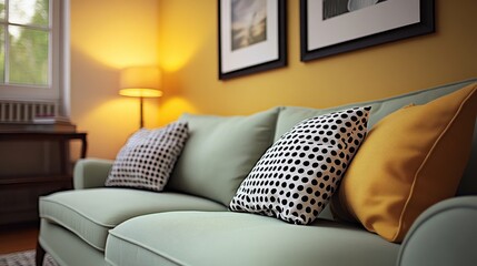 Cozy Living Room Interior with Comfortable Sofa, Decorative Pillows, and Warm Evening Lighting.