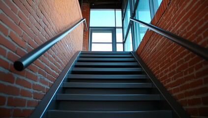 Steel Staircase Leading to an Open Door, Viewed from the Bottom of the Stairs