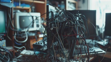 Fototapeta premium An overwhelming array of tangled wires and monitors, reflecting the complexity and chaos of digital life.