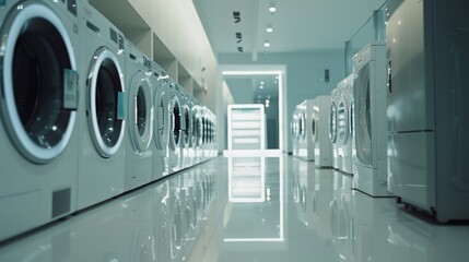 A sleek, modern laundromat with an array of white washing machines lined up, gleaming under bright lights on a glossy floor, creates a futuristic ambiance.