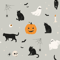 Halloween seamless pattern with black cats and holiday decorations. Vector illustration of pumpkin, spider web, skull, ghost and more. Textile or fabric design