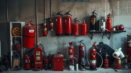 An eclectic array of vintage fire safety equipment, meticulously organized against an aged concrete wall, showcasing a blend of history and protection.