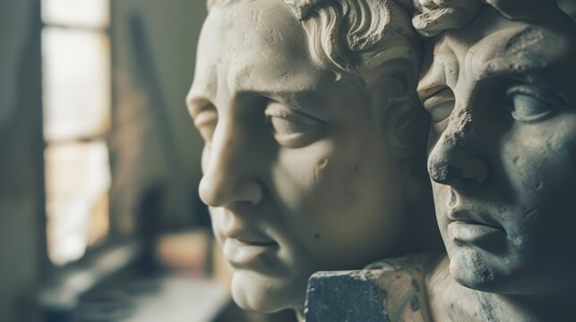 Close-up of classical marble busts, capturing serene expressions and timeless artistry in a study of form and detail.