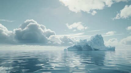 A majestic iceberg drifts against a serene backdrop of expansive sky and calm ocean, invoking tranquility and the vastness of nature's beauty.