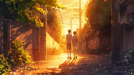Fototapeta premium An anime-inspired illustration of lovers walking together on a sunlit street, with soft, warm lighting and a dreamy atmosphere that highlights their closeness. 8k UHD, suitable for high-quality 