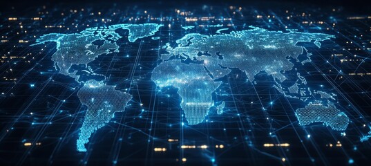 Global Network Connections Abstract World Map with Lines, Dots, and Triangles on Blue Background