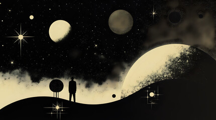 Abstract blue planet Earth with moon orbiting in the vast cosmos, illuminated by distant stars against a black sky posters