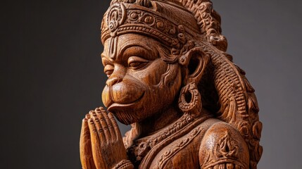 A hand-carved wooden sculpture of Lord Hanuman bowing in devotion, with intricate details on his attire and humble posture, made from teak wood, representing strength and humility
