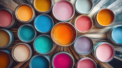 Colorful paint cans arranged to resemble a flower design