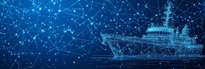 Digital Cargo Ship on Technology Background, Maritime Transport in Abstract Lines and Dots