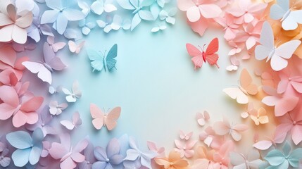 Pastel Paper Flowers and Butterflies on Blue and Pink Background