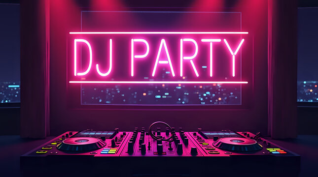 Neon df party sign concept for a club, illuminated in blue and pink