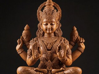 A traditional hand-carved statue of Lord Brahma, made from sandalwood, with his four faces and four arms holding sacred objects, showcasing the mastery of woodworking craftsmanship