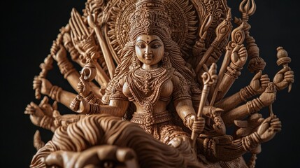 A powerful hand-carved wooden sculpture of Goddess Durga riding her lion, with detailed carvings of her multiple arms holding weapons, symbolizing strength and protection, made from dark oak wood