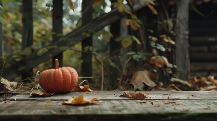 A single pumpkin rests peacefully on a wooden platform, surrounded by fallen leaves, embodying the tranquil spirit of autumn.