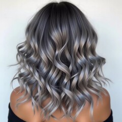 Fototapeta premium A close-up view showcases beautiful shiny gray ash curls that exhibit a stunning texture and vibrant luster, accentuated by soft lighting. The intricate curls frame the head beautifully. Generative AI