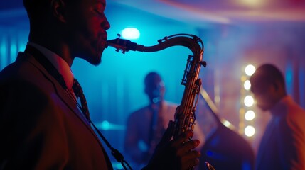 A saxophonist plays in a dimly lit room, with soft blue and purple lights setting a tranquil and jazzy atmosphere.