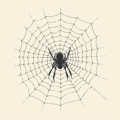 Obraz premium Sustainable Halloween Decoration, Minimalist Illustration of a Spider Web Delicately Drawn with Thin Black Lines on Soft Off-White Background
