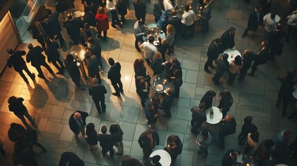 A crowded indoor event shows people mingling and conversing, creating a bustling, lively atmosphere with subtle warm lighting.
