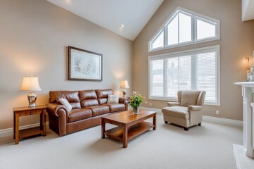 Fototapeta premium Warm and Inviting Living Room with Brown Leather Sofa, Wooden Coffee Table, Armchair, and Floor Cushion