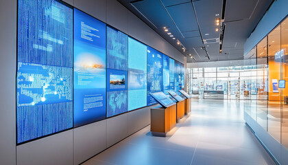 Modern museum exhibition displaying interactive information on big video walls